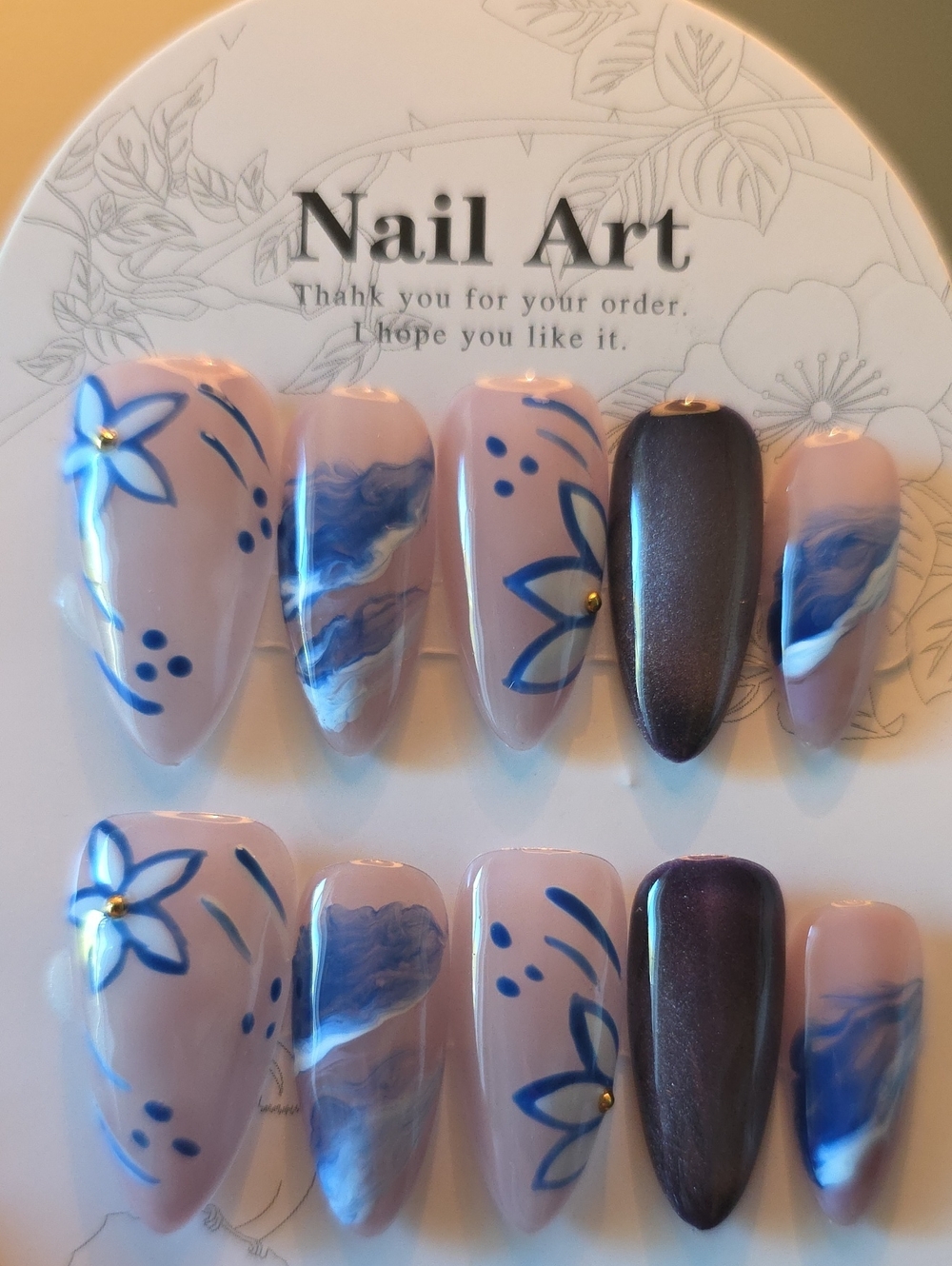 Nail Art Blue Floral Press-On Nails Size Large